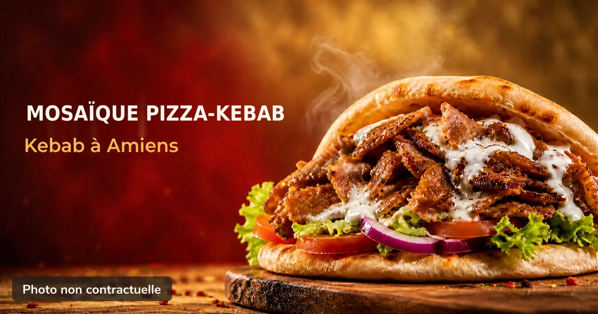 Mosaïque Pizza-Kebab, kebab à Amiens : photo gourmande d'un kebab (kebabamiens.fr).