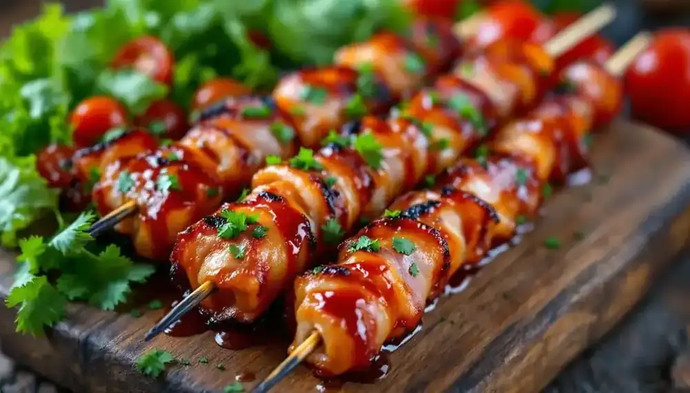 découvrez notre délicieuse recette de kebabs au bacon grillé accompagnés d'une sauce aigre-douce savoureuse, parfaite pour un repas gourmand et original.