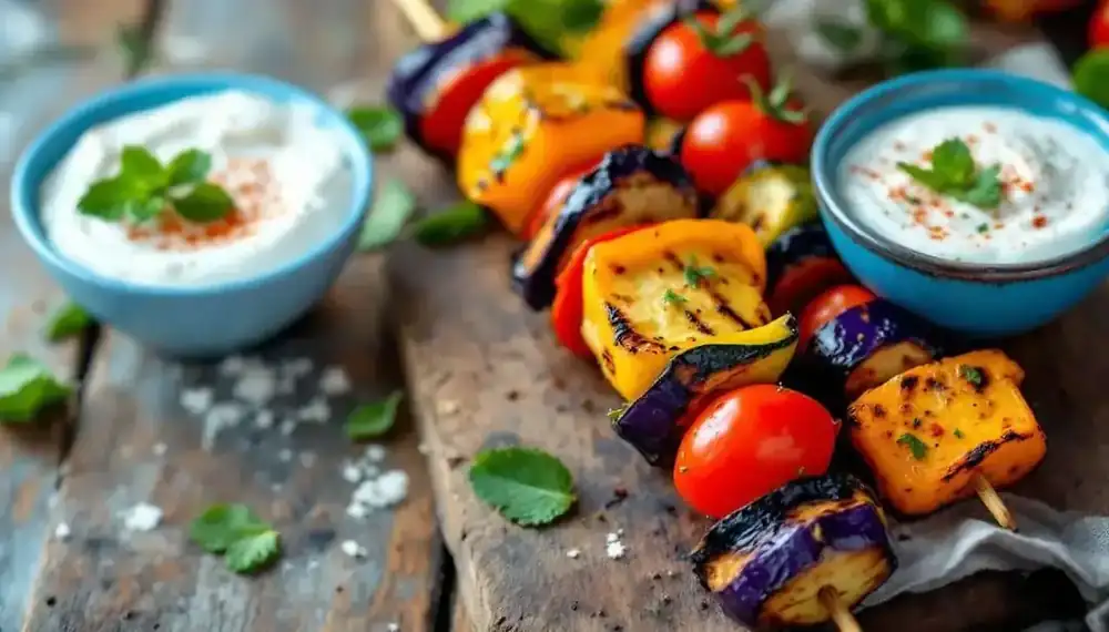 découvrez notre recette savoureuse de kebabs aux légumes rôtis accompagnés d'une délicieuse sauce au yaourt, parfaite pour un repas sain et gourmand.