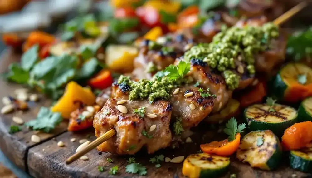 découvrez notre recette originale de kebabs au pesto d’amandes et légumes croquants : un mariage savoureux de saveurs méditerranéennes et de textures gourmandes, idéal pour un repas sain et équilibré.