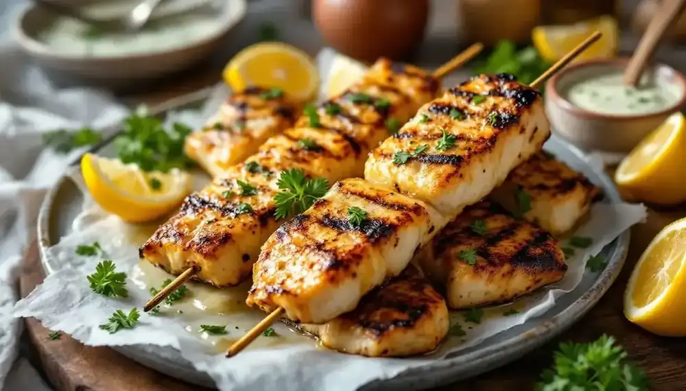 découvrez nos savoureux kebabs au poisson rôti accompagnés d'une sauce citronnée fraîche et délicate, pour un voyage gustatif unique et sain.
