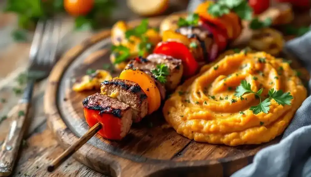 découvrez nos délicieux kebabs au steak végétal accompagnés d'une purée de légumes savoureuse, une alternative saine et gourmande pour satisfaire toutes vos envies.