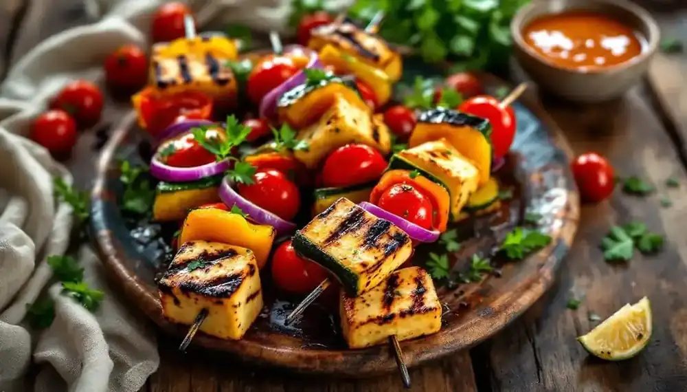 découvrez nos délicieux kebabs au tofu grillé accompagnés de légumes frais, une option saine et savoureuse pour un repas équilibré et gourmand.