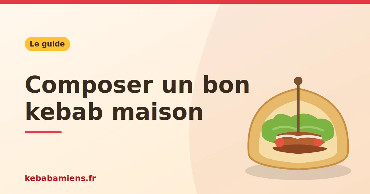 Guide kebabamiens.fr pour composer un bon kebab maison, illustré d'un sandwich kebab garni de viande et de crudités.