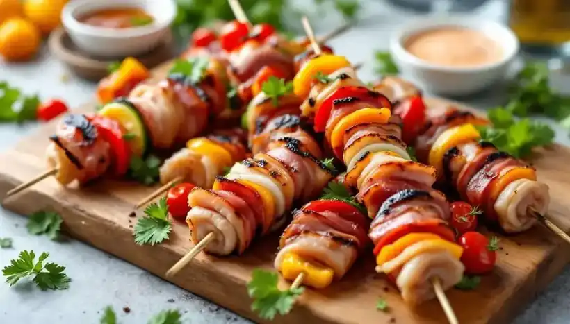 découvrez nos kebabs savoureux garnis de bacon grillé croustillant et nappés d'une sauce aigre-douce délicieuse, pour une explosion de saveurs à chaque bouchée.