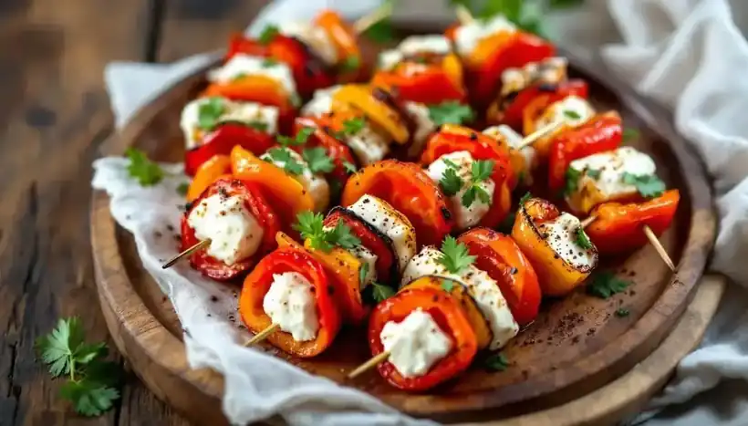 découvrez une recette gourmande de kebabs aux poivrons rouges rôtis et fromage de chèvre, idéale pour un repas savoureux et original. parfait pour surprendre vos invités avec des saveurs méditerranéennes !
