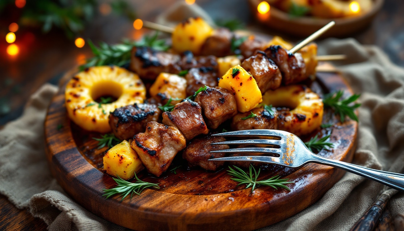 découvrez une explosion de saveurs avec nos kebabs à l'ananas grillé et viande caramélisée. une fusion parfaite entre douceur et épices qui ravira vos papilles à chaque bouchée. parfait pour un repas convivial ou un barbecue estival!