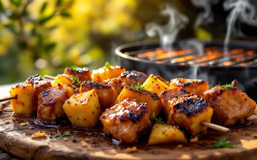 Les kebabs à l’ananas grillé et viande caramélisée