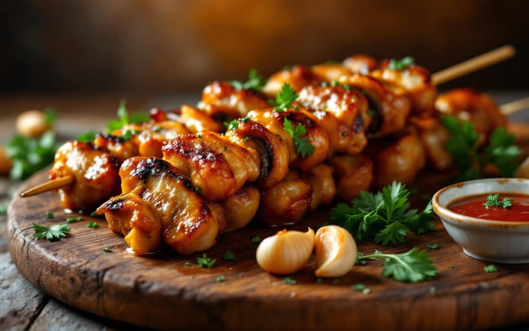Les kebabs aux champignons sautés et ail confit