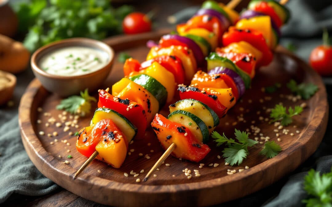 Les kebabs aux graines de sésame et légumes croquants