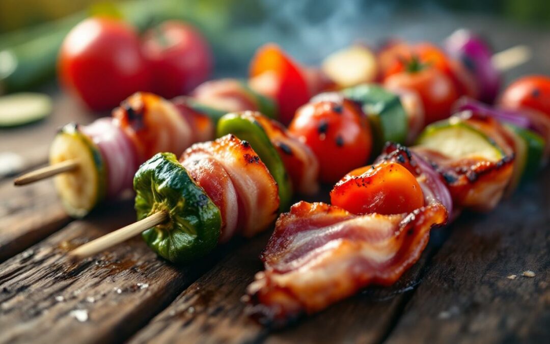 Les kebabs au bacon grillé et légumes frais