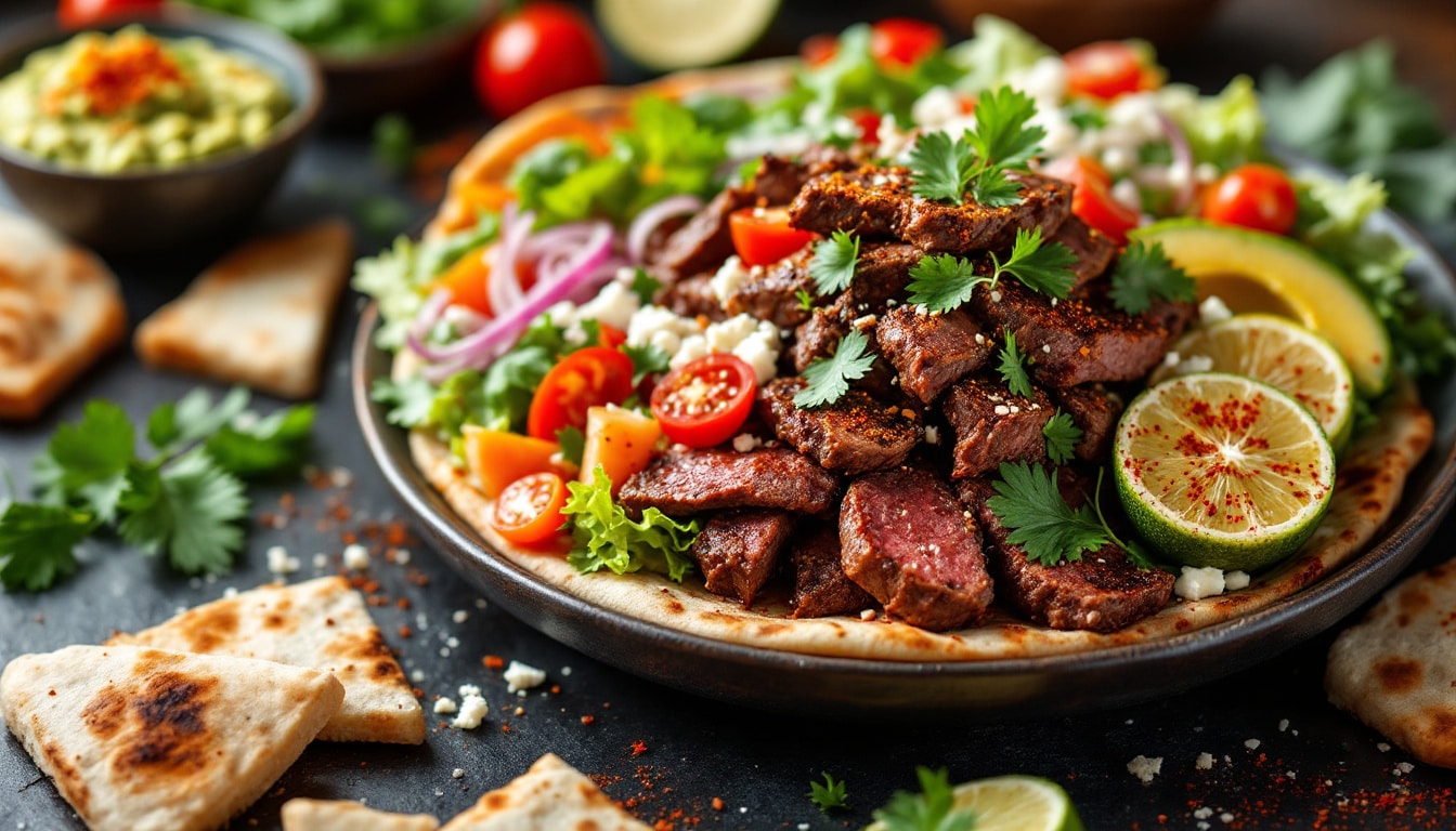 savourez nos délicieux kebabs au bœuf épicé, accompagnés d'un guacamole maison onctueux. une explosion de saveurs dans chaque bouchée, idéale pour les amateurs de cuisine épicée et fraîche!