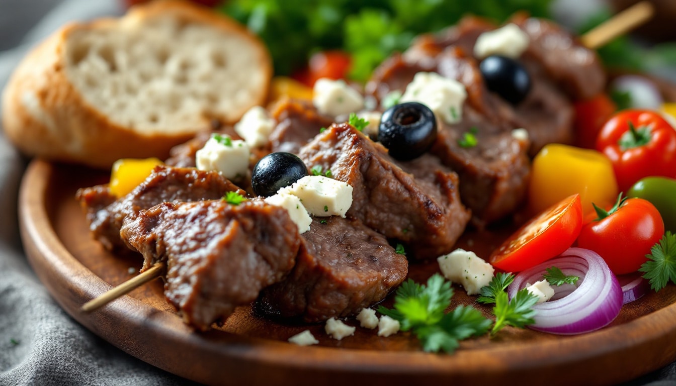 savourez des kebabs irrésistibles garnis de fromage feta crémeux et d'olives noires savoureuses. cette recette délicieuse et authentique allie des saveurs méditerranéennes pour une expérience culinaire unique. découvrez comment préparer ces délices à la maison et émerveillez vos invités lors de vos dîners.