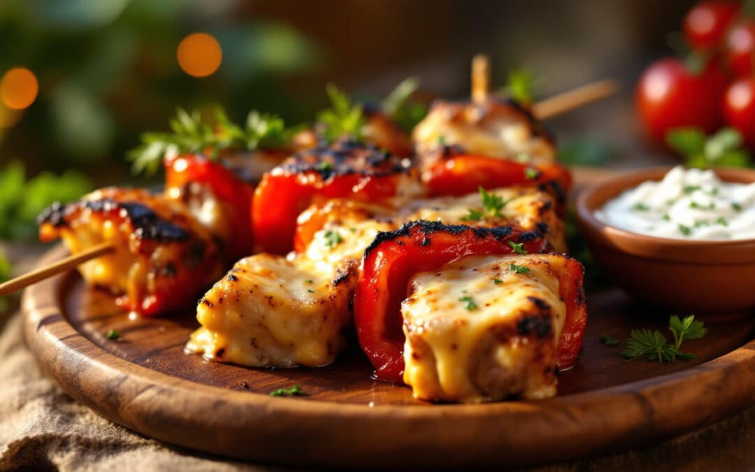 Les kebabs au fromage fondu et poivrons rouges