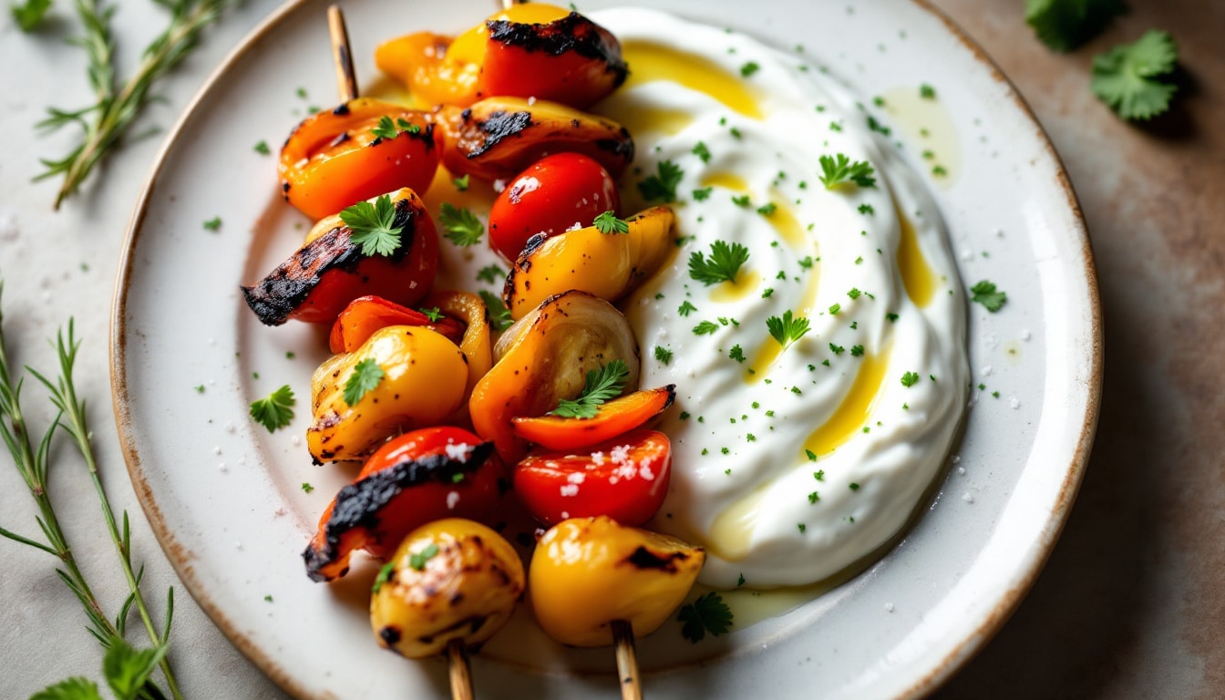 savourez des kebabs délicieusement assaisonnés au paprika fumé, accompagnés de légumes grillés croquants. une explosion de saveurs qui ravira vos papilles à chaque bouchée !