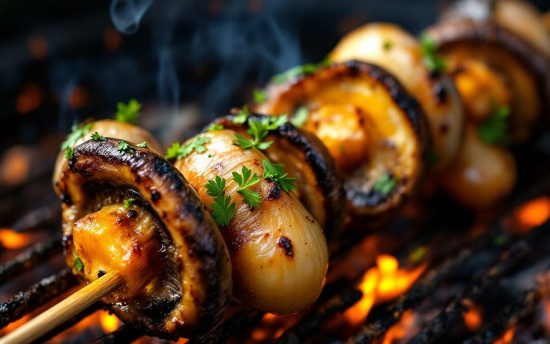 Les kebabs aux champignons et ail confit