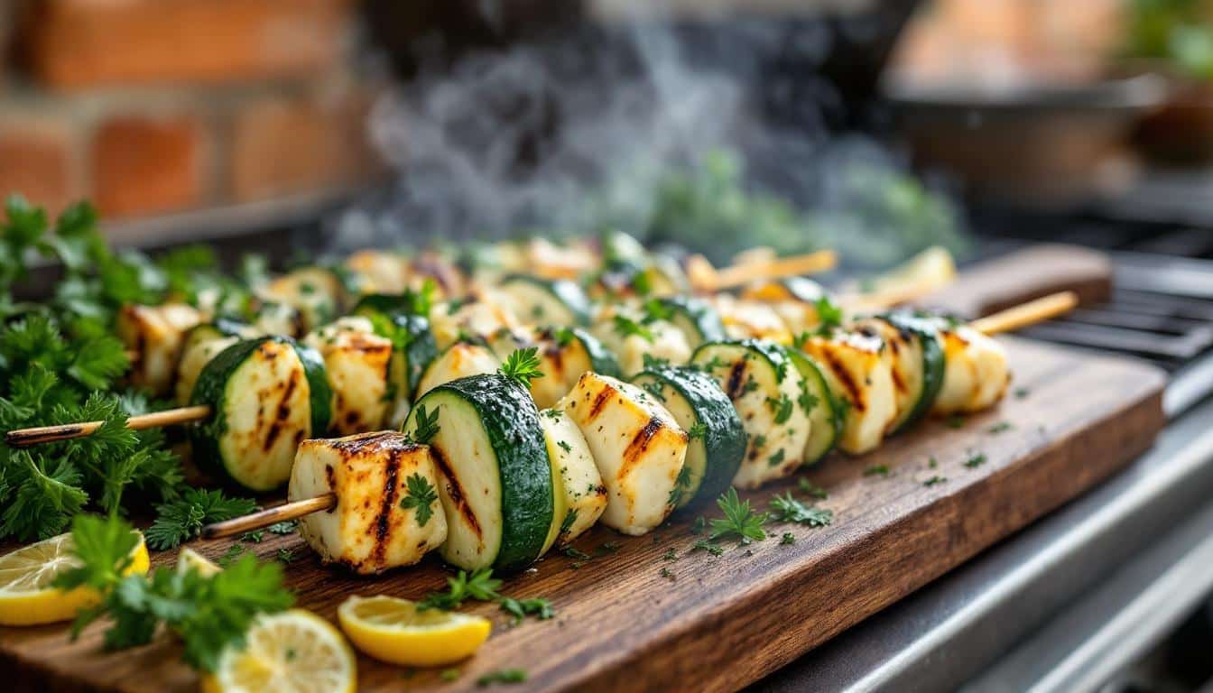 découvrez notre délicieuse recette de kebabs à la courgette grillée et feta. un plat savoureux et sain, parfait pour vos barbecues d'été ou vos dîners estivaux. savourez l'alliance parfaite de la courgette tendre et de la feta crémeuse dans une préparation simple et rapide.