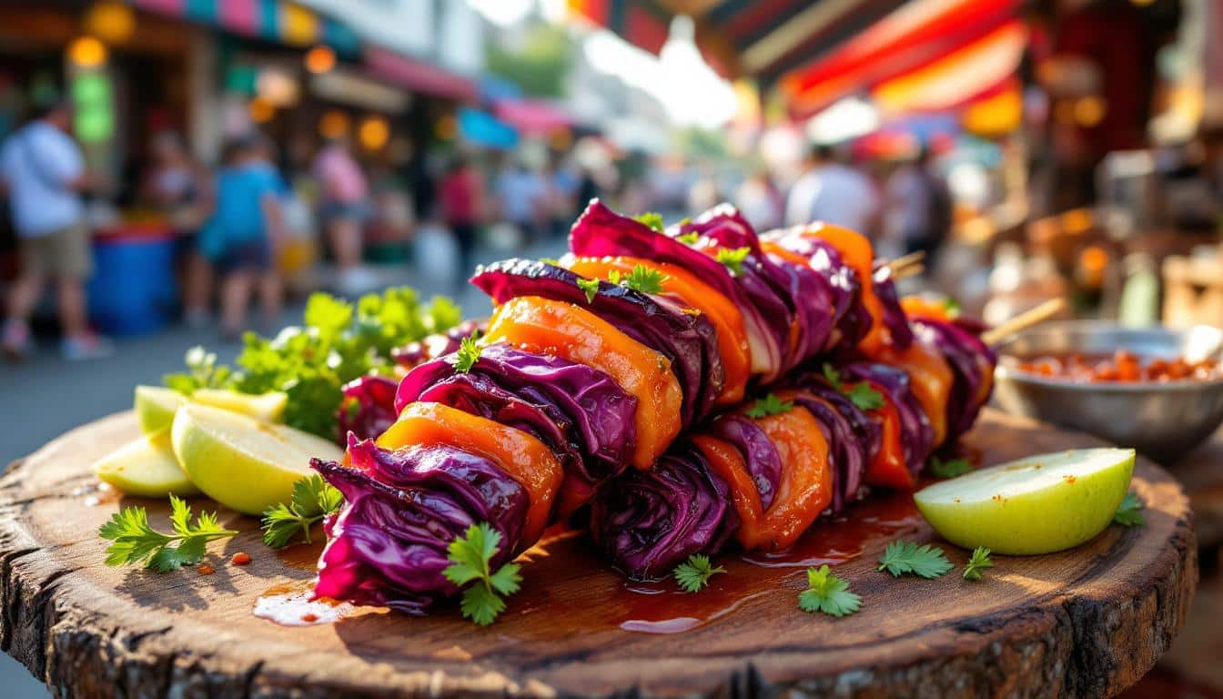 découvrez la délicieuse recette des kebabs au chou rouge mariné accompagnés d'une savoureuse sauce aigre-douce. parfaits pour un repas rapide et gourmand, ces kebabs allient croquant et saveurs exotiques pour régaler vos papilles à chaque bouchée.
