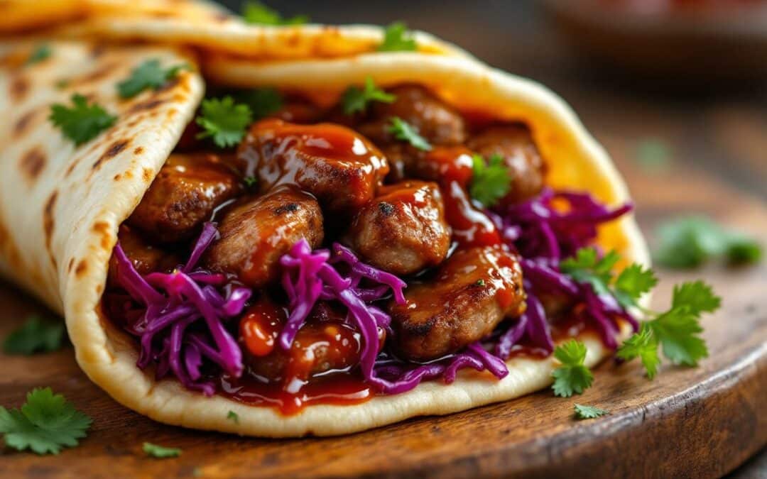 Les kebabs au chou rouge mariné et sauce aigre-douce