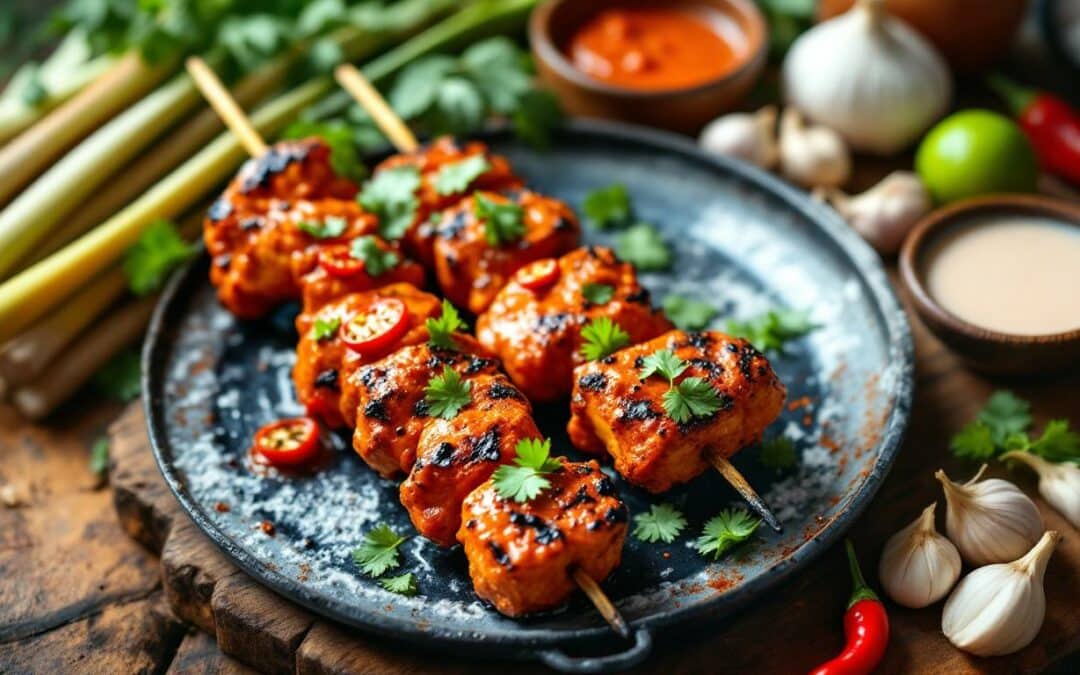 Les kebabs au curry rouge et lait de coco