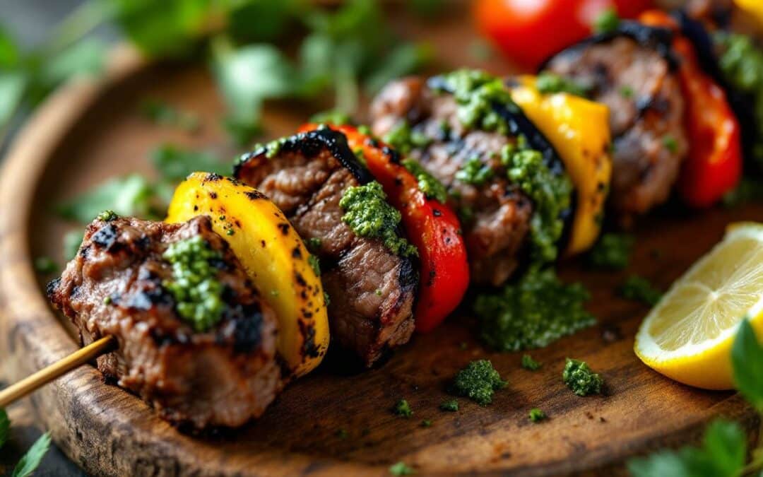 Les kebabs au pesto et légumes grillés