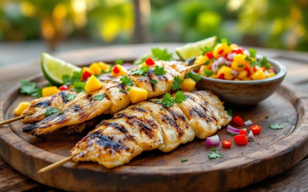 Les kebabs au poisson grillé et salsa à la mangue