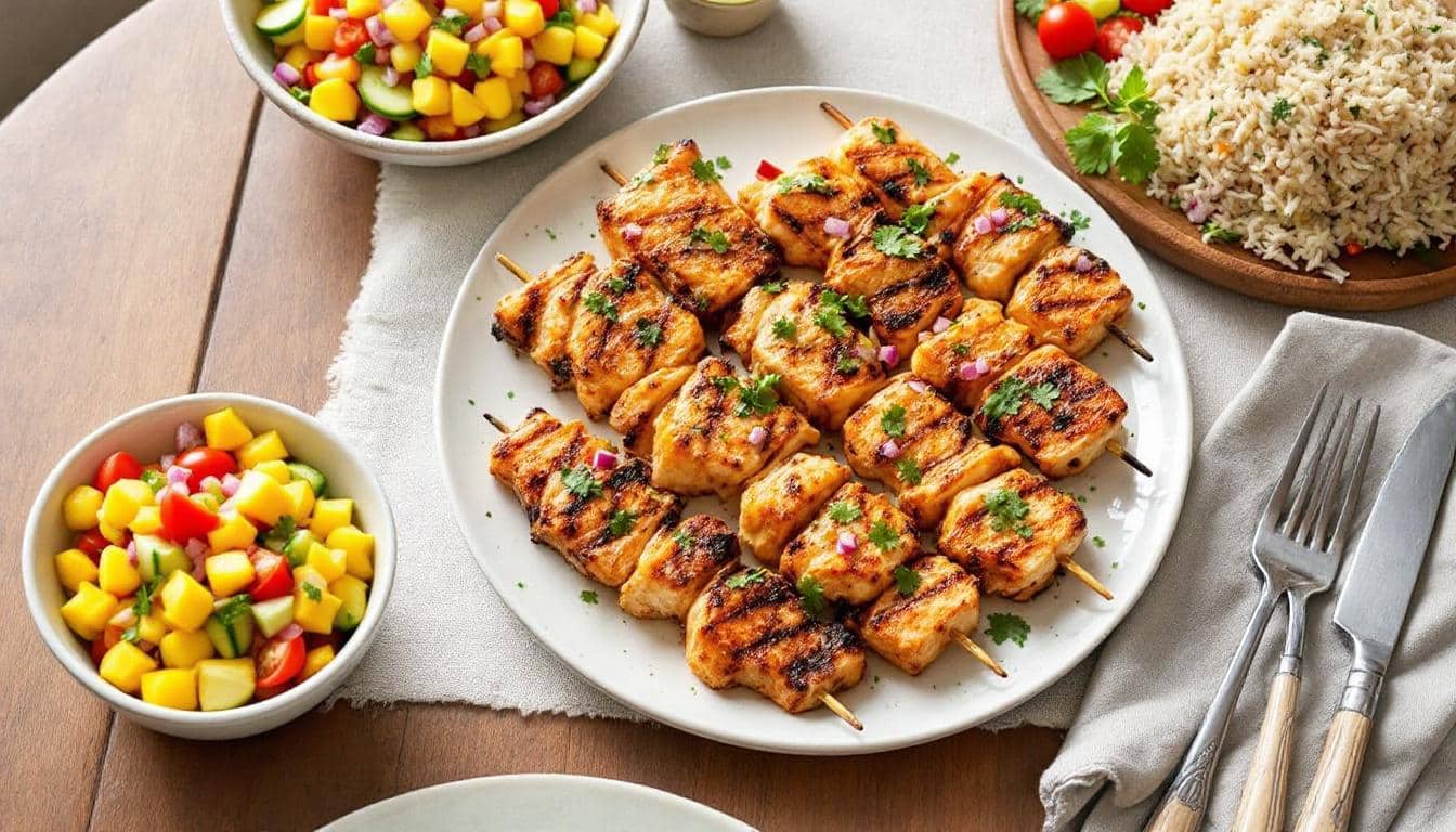 découvrez une expérience culinaire unique avec nos kebabs au poisson grillé, accompagnés d'une salsa à la mangue savoureuse. une fusion de saveurs exotiques qui ravira vos papilles et apportera une touche d'été à vos repas.