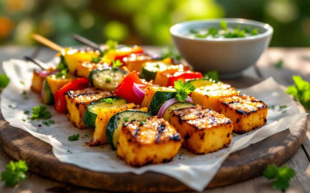 Les kebabs au tofu mariné et légumes sautés