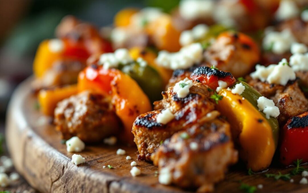 Les kebabs aux poivrons rôtis et fromage frais