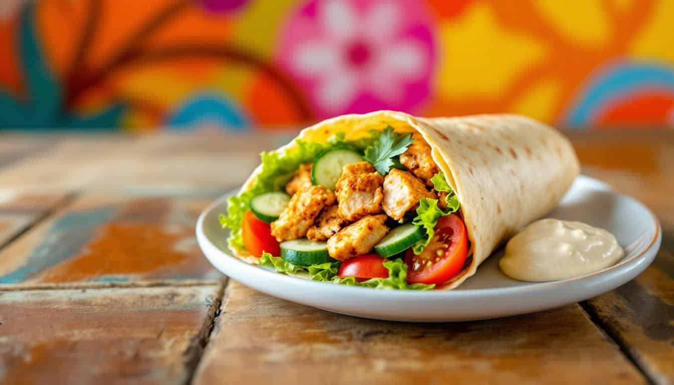 découvrez notre délicieuse version wrap de kebab au poulet épicé, alliant la tendresse de la viande marinée aux saveurs envoûtantes des épices, le tout enveloppé dans une galette moelleuse. parfait pour un repas rapide et savoureux!