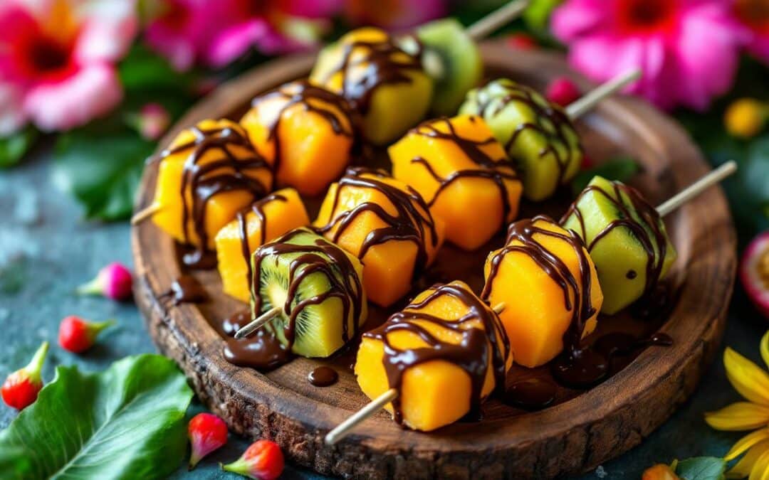 Les kebabs sucrés avec chocolat et fruits exotiques