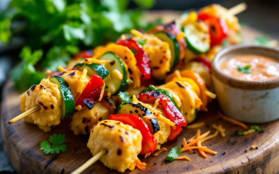 Les kebabs à la purée de pois chiches et légumes croquants