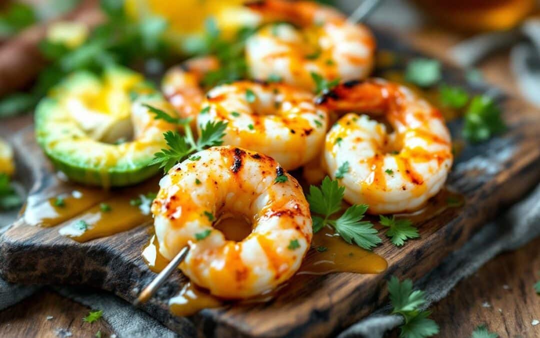 Les kebabs à l’avocat et crevettes citronnées