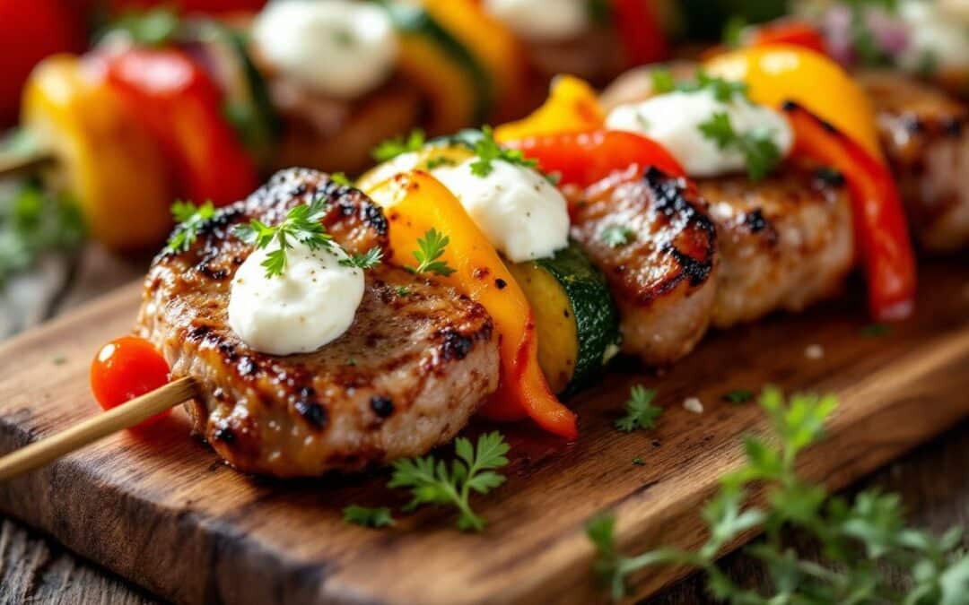 Les kebabs au fromage de chèvre et légumes rôtis