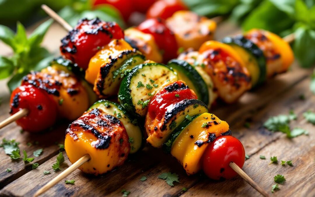 Les kebabs au pesto rouge et légumes croquants
