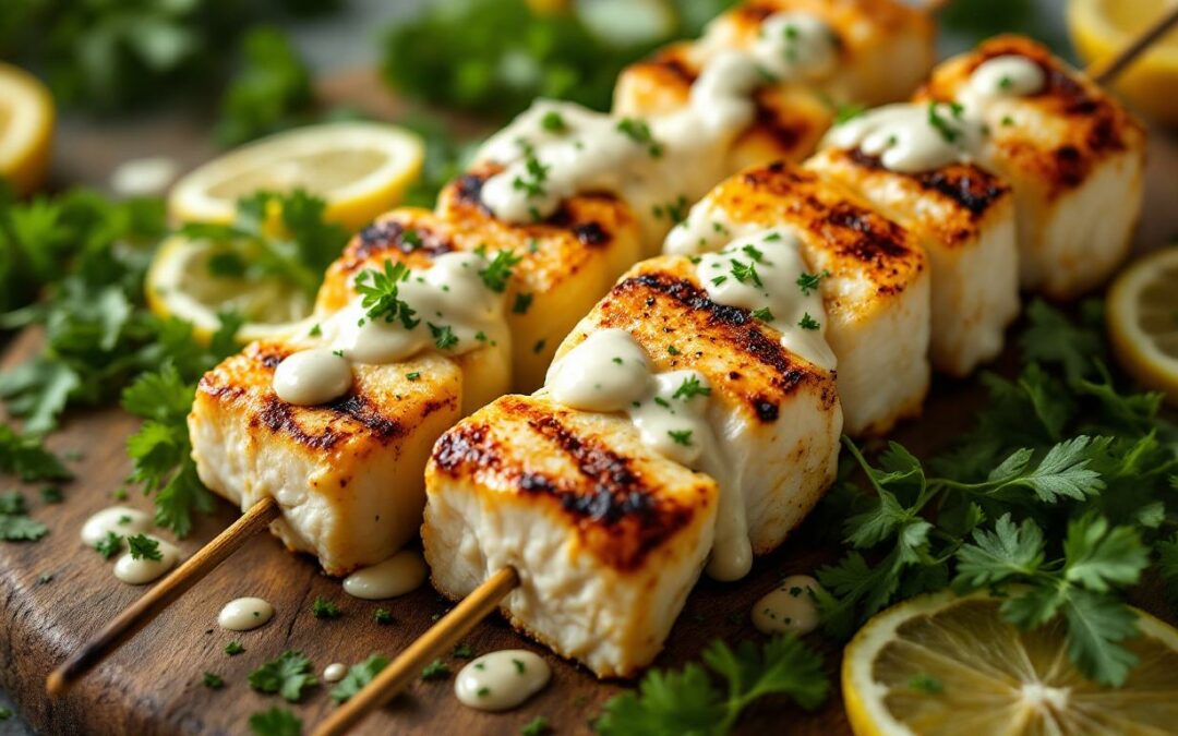 Les kebabs au poisson blanc et sauce citronnée