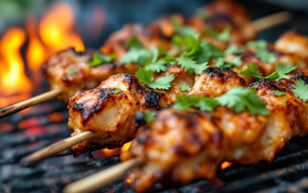 Les kebabs au poulet grillé et coriandre fraîche