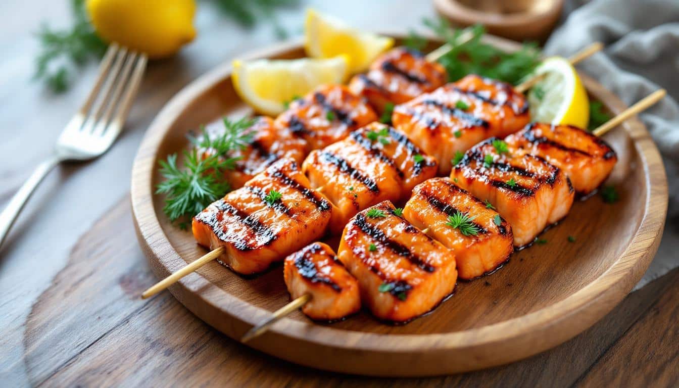 découvrez une recette savoureuse de kebabs au saumon mariné, rehaussée d'une touche d'aneth frais. idéals pour un repas d'été ou un apéritif original, ces kebabs allient la douceur du saumon au parfum délicat de l'aneth, le tout en un plat rapide et simple à préparer.