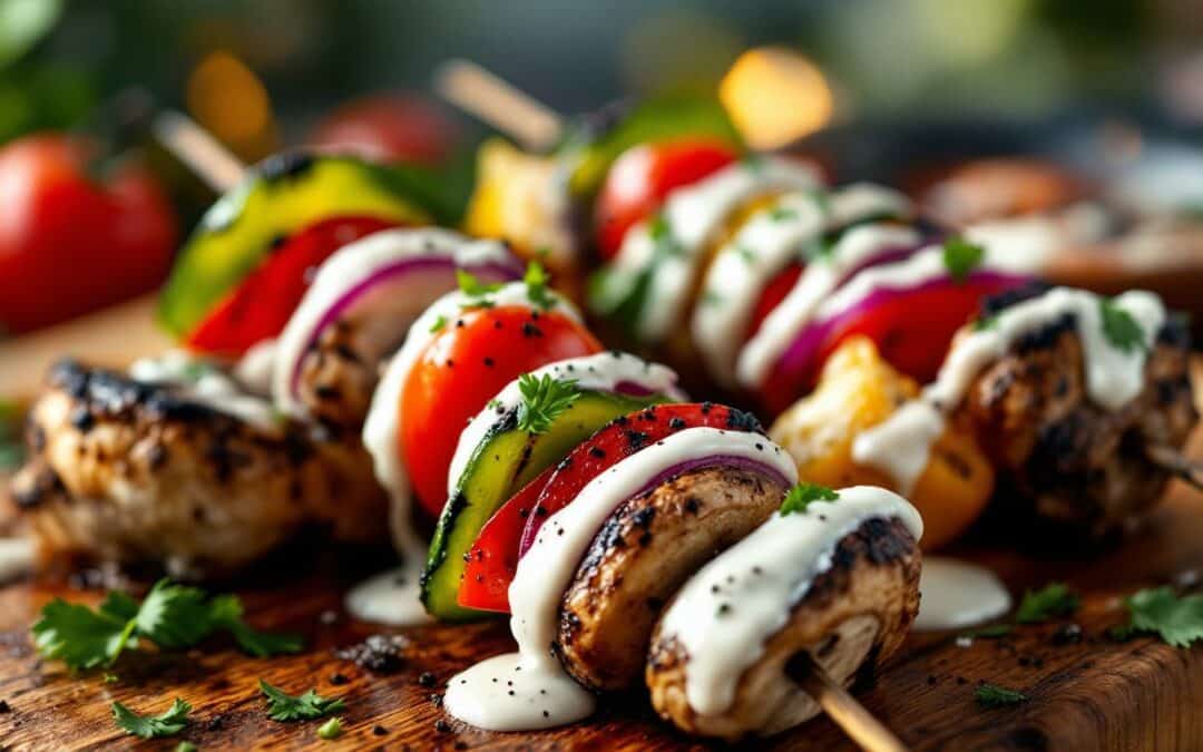 Les kebabs aux champignons portobello et sauce crémeuse
