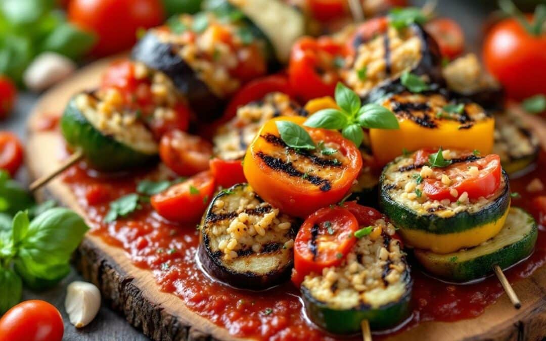 Les kebabs aux légumes farcis et sauce tomate maison