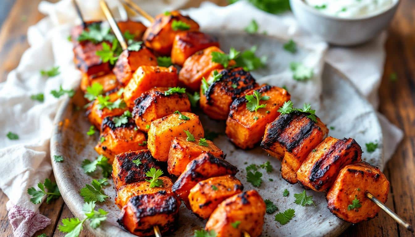 découvrez une délicieuse recette de kebabs aux patates douces grillées, sublimées par des épices douces. un mélange savoureux et réconfortant qui ravira vos papilles !