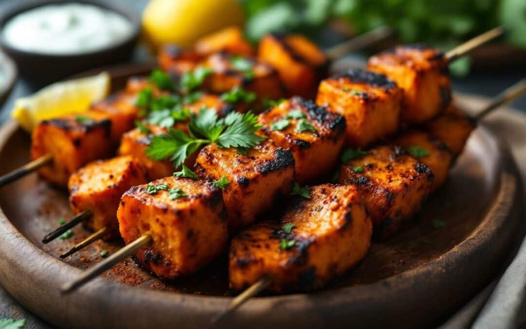 Les kebabs aux patates douces grillées et épices douces