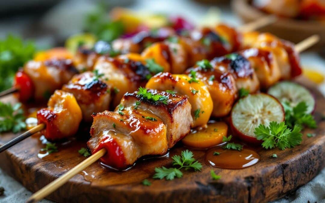 Les kebabs au canard fumé et sauce au miel