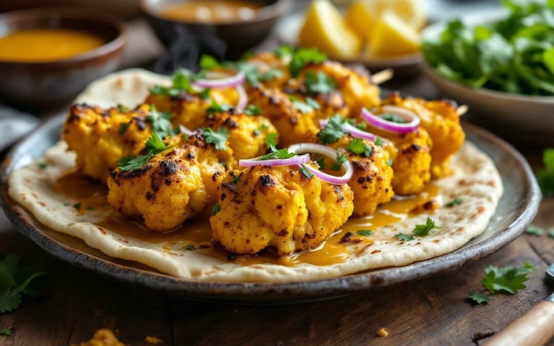 Les kebabs au chou-fleur rôti et sauce curry