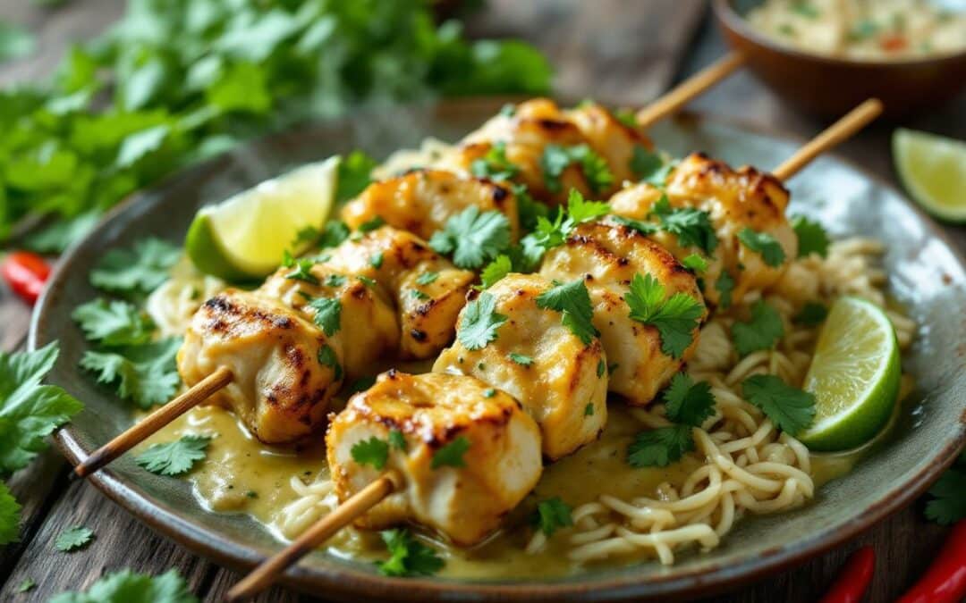 Les kebabs au curry vert et lait de coco
