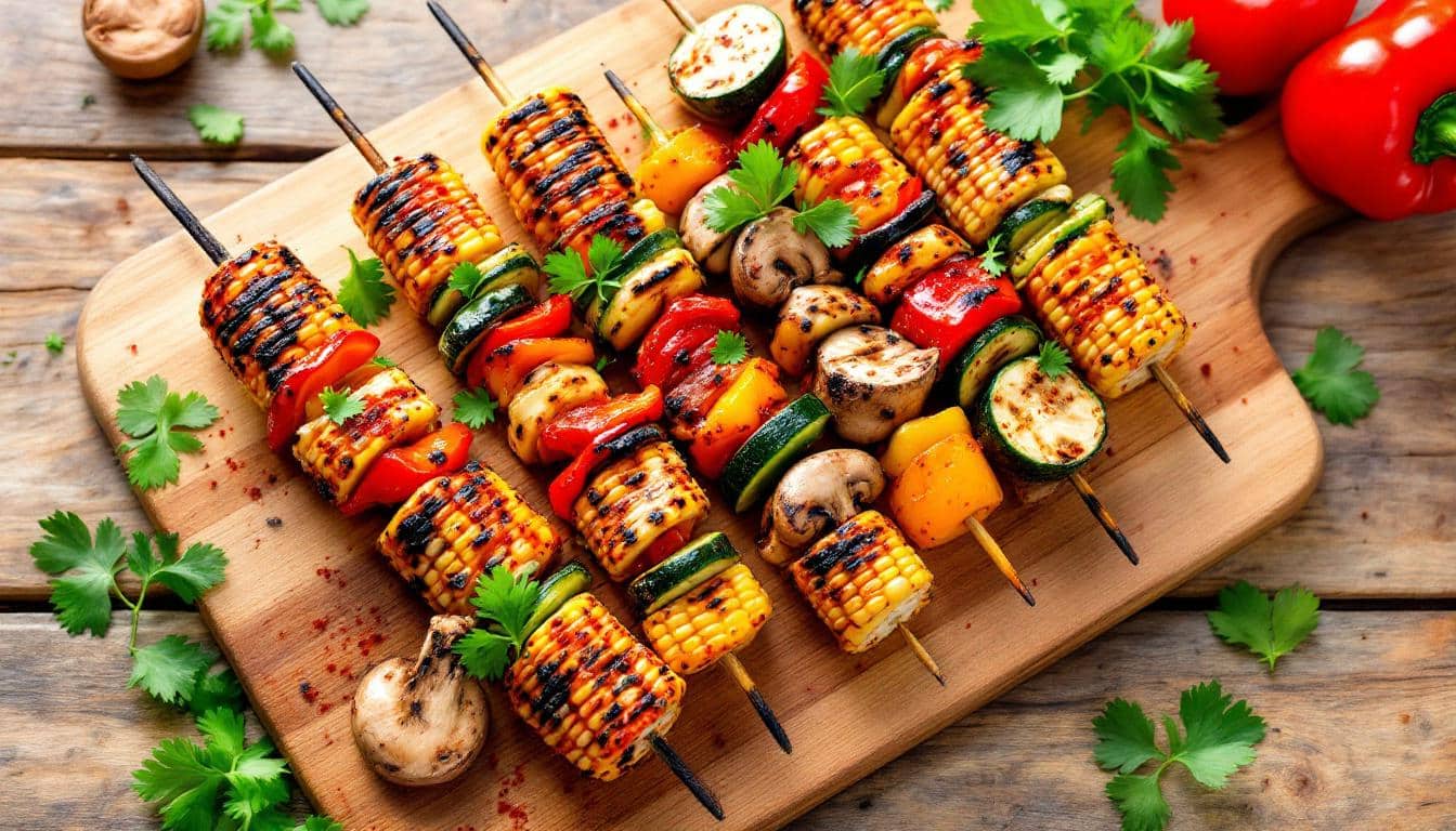 découvrez une recette savoureuse de kebabs au maïs et légumes marinés, idéale pour un repas healthy et coloré. parfaite pour les amateurs de cuisine conviviale et riche en saveurs végétariennes !