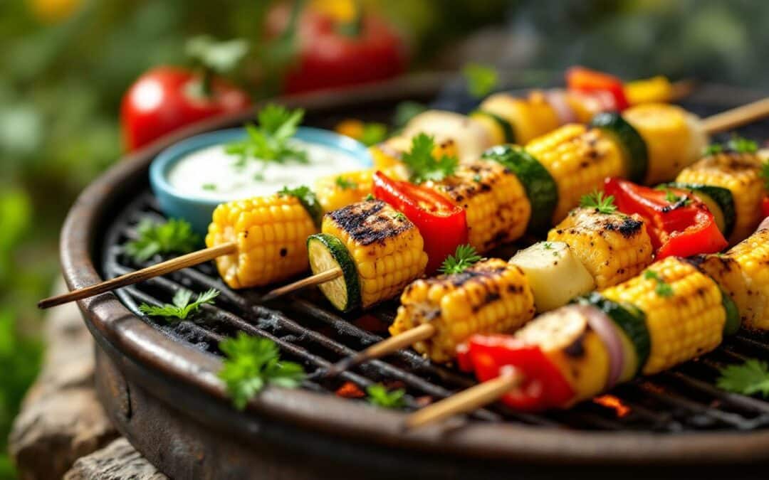 Les kebabs au maïs et légumes marinés