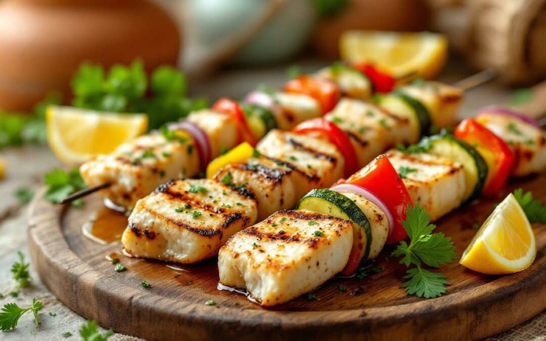 Les kebabs au poisson blanc mariné et légumes croquants