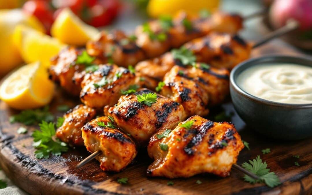 Les kebabs au poulet fumé et herbes fraîches