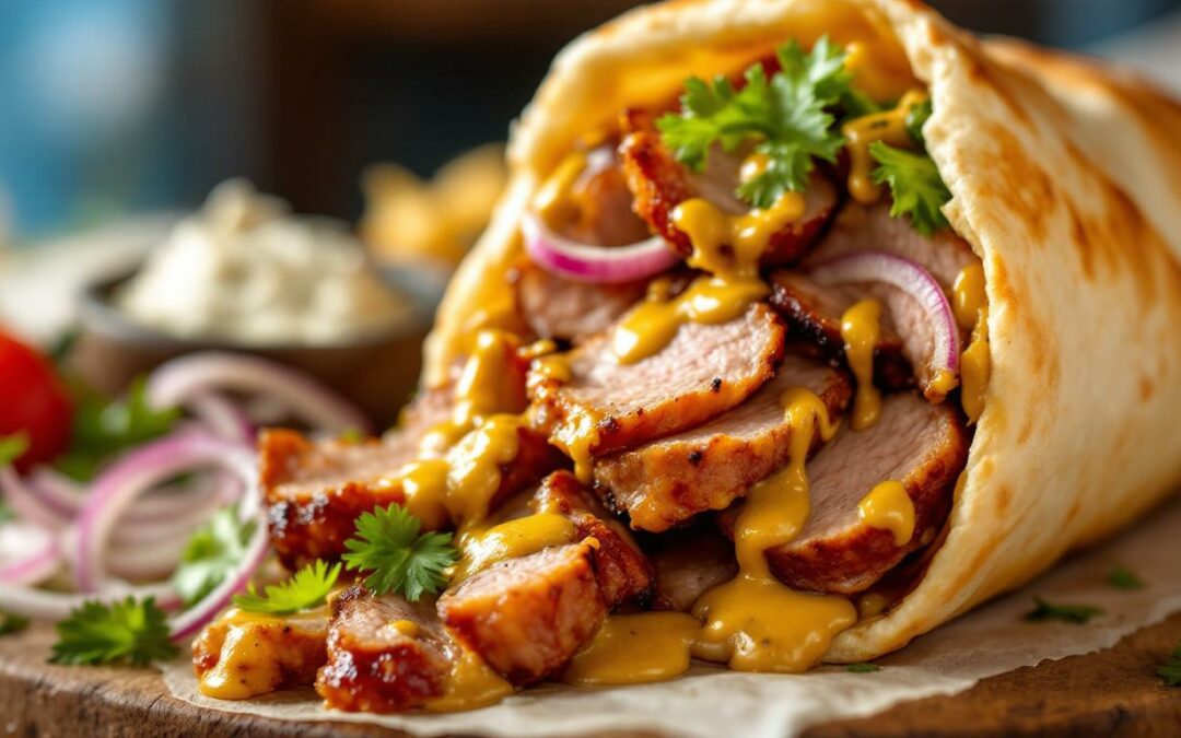 Les kebabs au rôti de porc et sauce moutarde à l’ancienne